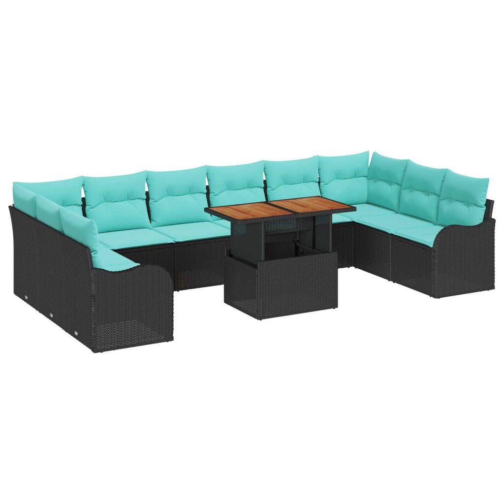 vidaXL 11 Piece Garden Sofa Set with Cushions Black Poly Rattan Acacia