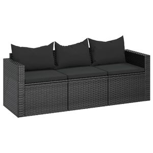 vidaXL 3-Seater Garden Sofa with Cushions Black Poly Rattan