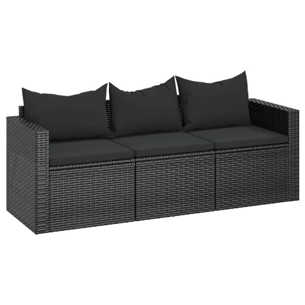 vidaXL 3-Seater Garden Sofa with Cushions Black Poly Rattan