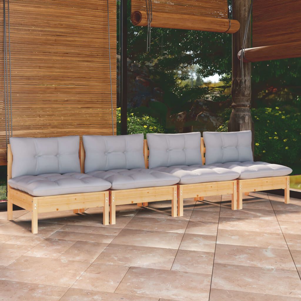 vidaXL 4-Seater Garden Sofa with Grey Cushions Solid Pinewood