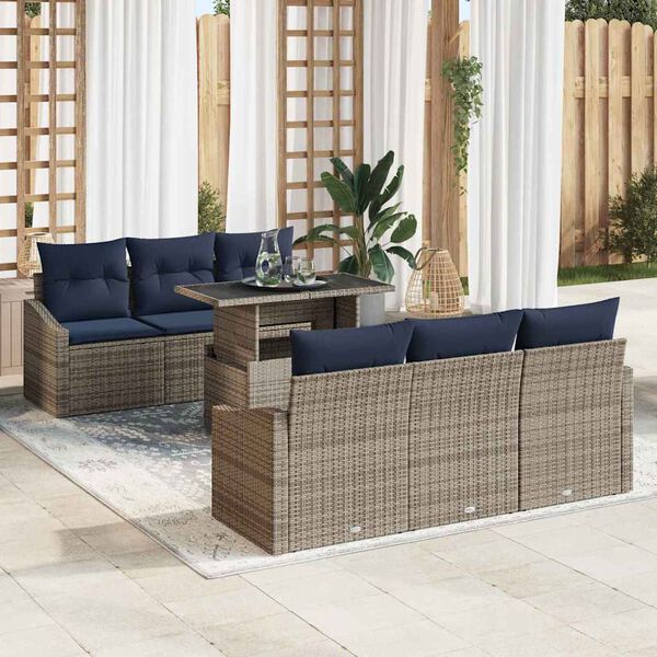 vidaXL Garden Sofa Set 7 pcs Grey and navy blue Poly Rattan