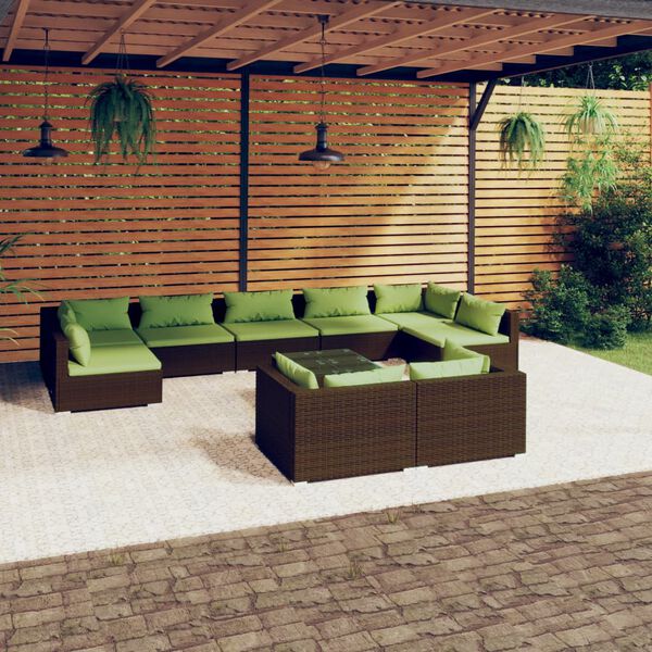 vidaXL 10 Piece Garden Lounge Set with Cushions Brown Poly Rattan