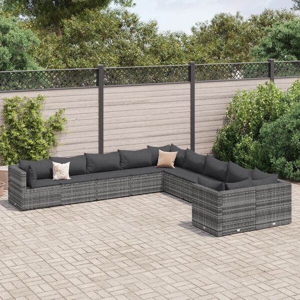 vidaXL 10 Piece Garden Sofa Set with Cushions Grey Poly Rattan