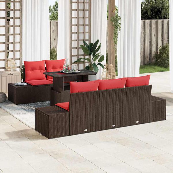 vidaXL Sofa Set with Cushion Manual 6 pcs Brown and Red Poly Rattan