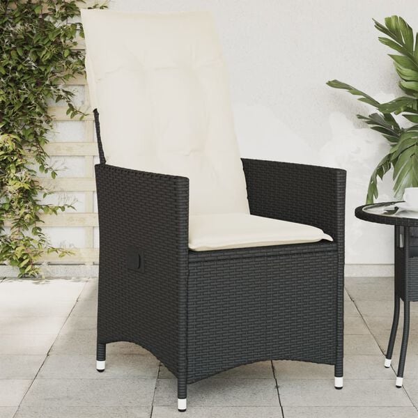 vidaXL Reclining Garden Chair with Cushions Black Poly Rattan