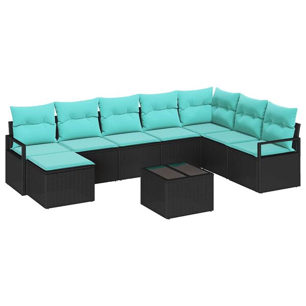 vidaXL Sofa Set with Cushion 9 pcs Black and Turquoise Poly Rattan