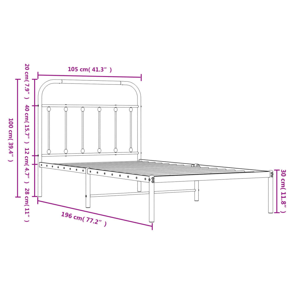 vidaXL Metal Bed Frame without Mattress with Headboard Black 100x190cm