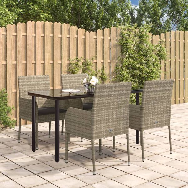 vidaXL 5 Piece Garden Dining Set with Cushions Black and Grey Poly Rattan