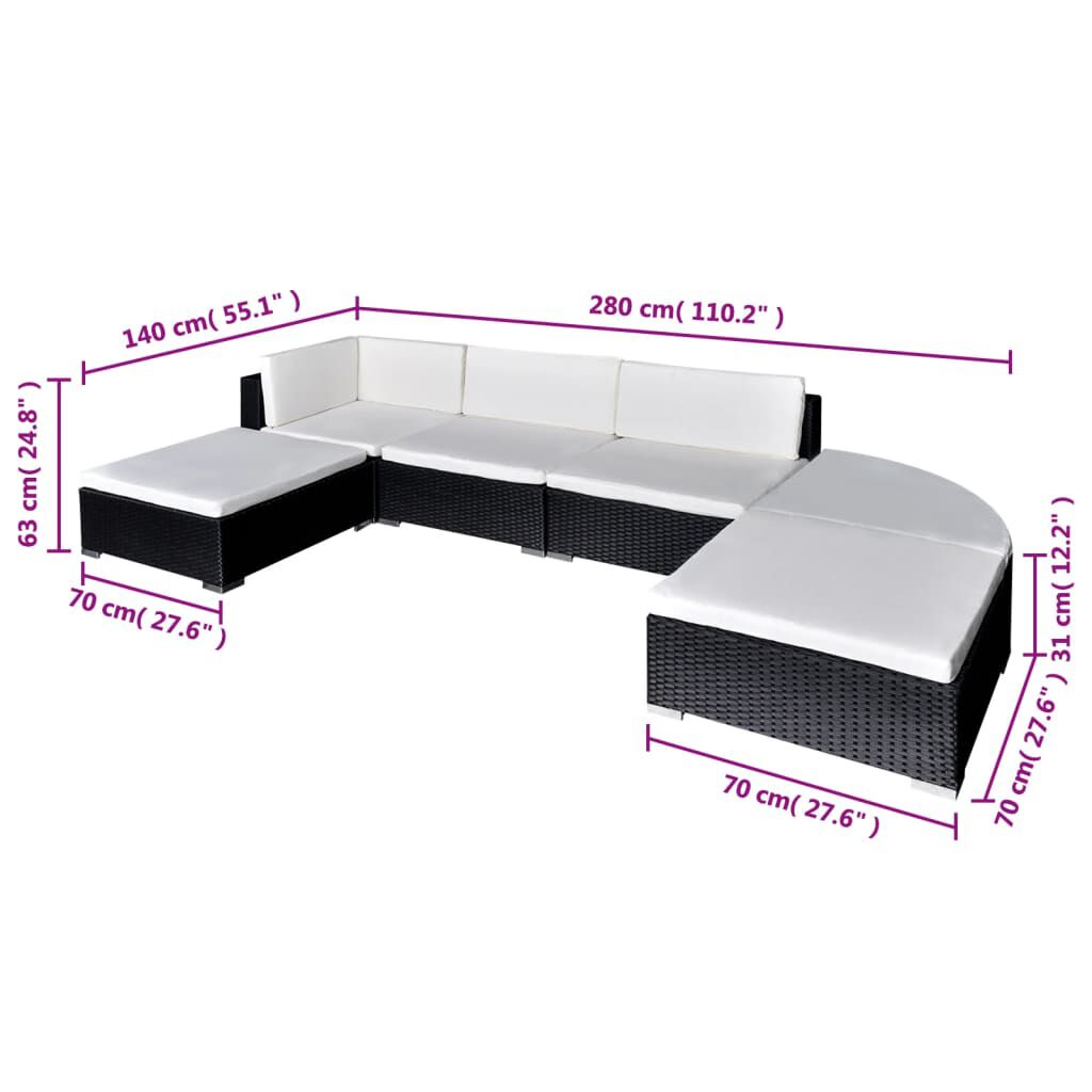vidaXL 6 Piece Garden Lounge Set with Cushions Poly Rattan Black