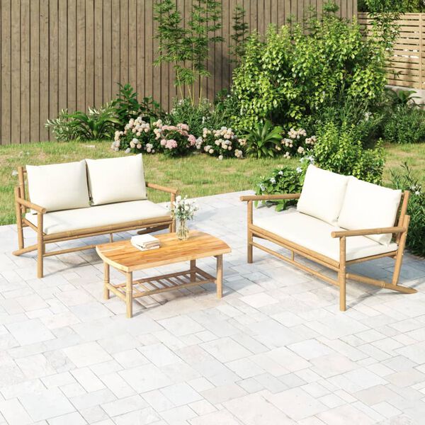 vidaXL 3 Piece Garden Lounge Set with Cream White Cushions Bamboo