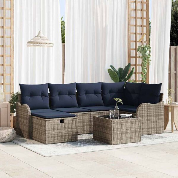 vidaXL Garden Sofa Set with Cushion 7 pcs Grey and Navy Poly Rattan