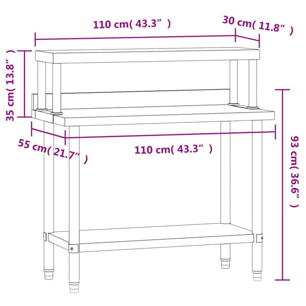 vidaXL Kitchen Work Table with Overshelf 110x55x120 cm Stainless Steel