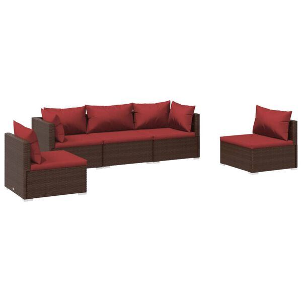 vidaXL 5 Piece Garden Lounge Set with Cushions Poly Rattan Brown