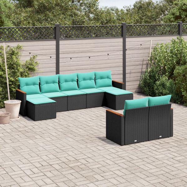 vidaXL 9 Piece Garden Sofa Set with Cushions Black Poly Rattan