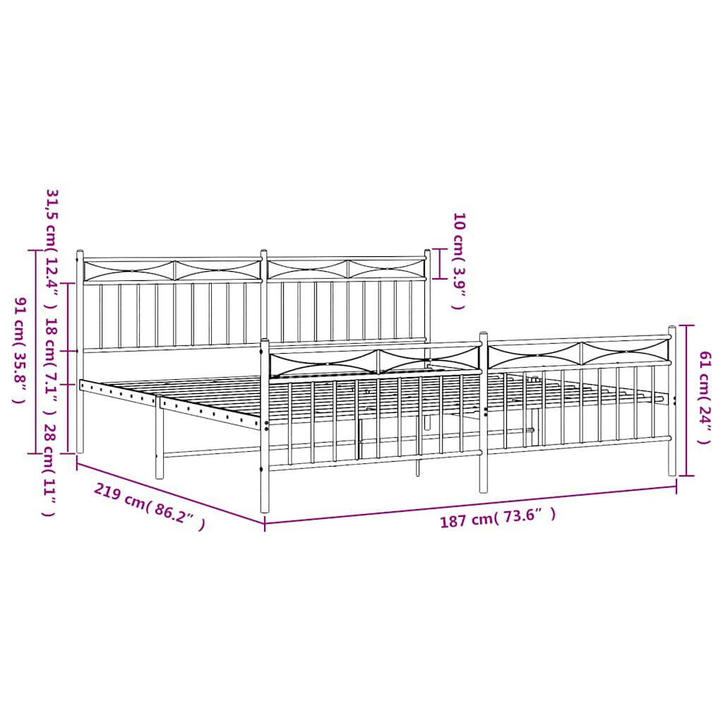 vidaXL Metal Bed Frame without Mattress with Footboard White 183x213cm