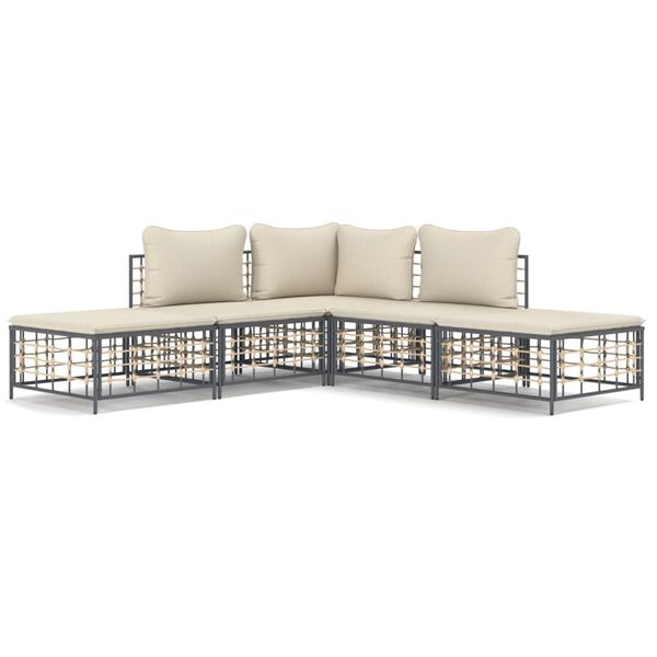 vidaXL 5 Piece Garden Lounge Set with Cushions Anthracite Poly Rattan