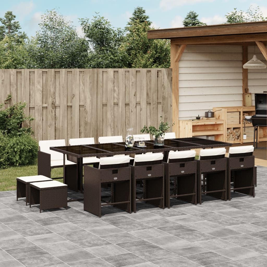 vidaXL 15 Piece Garden Dining Set with Cushions Brown Poly Rattan