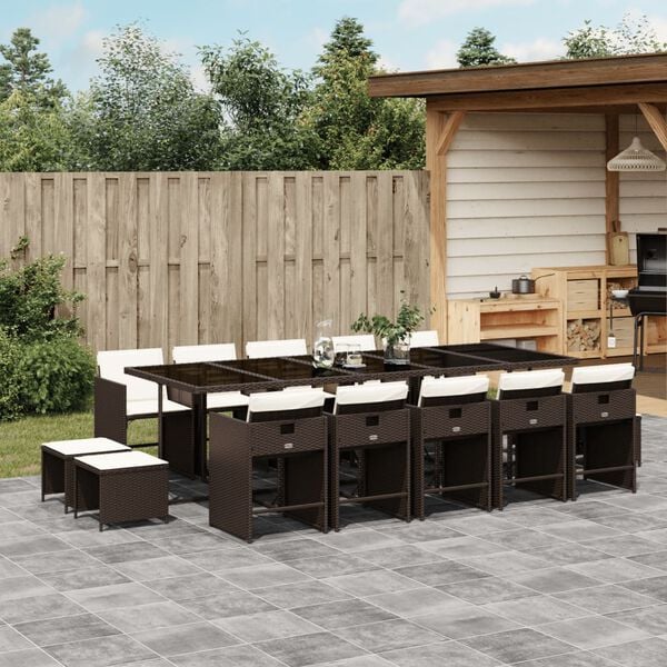 vidaXL 15 Piece Garden Dining Set with Cushions Brown Poly Rattan
