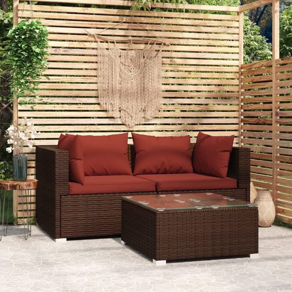 vidaXL 3 Piece Garden Lounge Set with Cushions Brown Poly Rattan