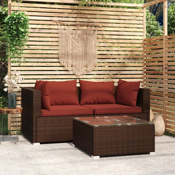 vidaXL 3 Piece Garden Lounge Set with Cushions Brown Poly Rattan