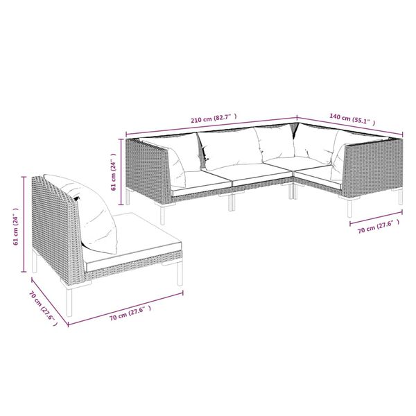 vidaXL 5 Piece Garden Lounge Set with Cushions Poly Rattan Dark Grey