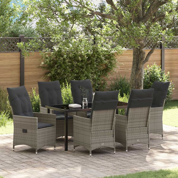 vidaXL Garden Dining Set with Cushion 7 pcs Grey Poly Rattan