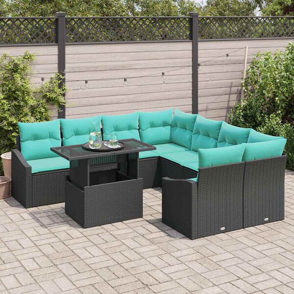 vidaXL Garden Sofa Set with Cushion 9 pcs Black Poly Rattan