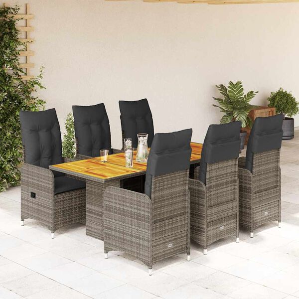 vidaXL 7 Piece Garden Bistro Set with Cushions Grey Poly Rattan