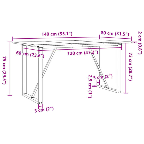 vidaXL Dining Table O-Frame 140x80x75 cm Solid Wood Pine and Steel