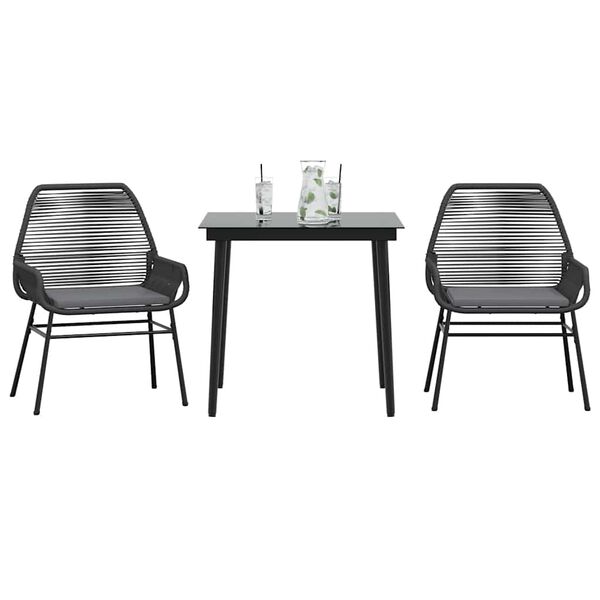 vidaXL 3 Piece Garden Dining Set with Cushions Black Poly Rattan Glass
