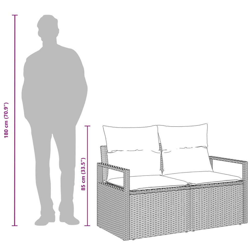 vidaXL 2-Seater Garden Sofa with Cushions Brown Poly Rattan