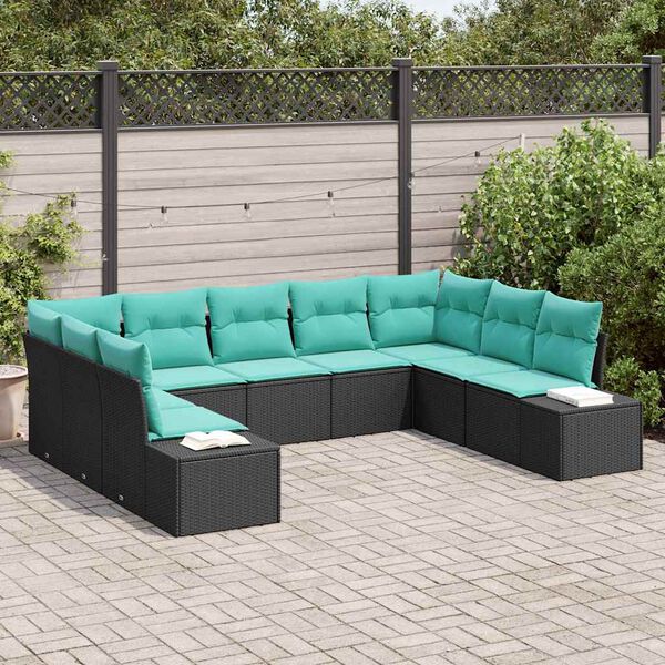 vidaXL Garden Sofa Set 9 pcs Black and turquoise Poly Rattan