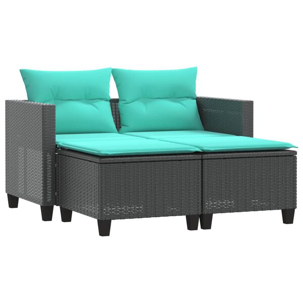 vidaXL Garden Sofa 2-Seater with Stools Black Poly Rattan