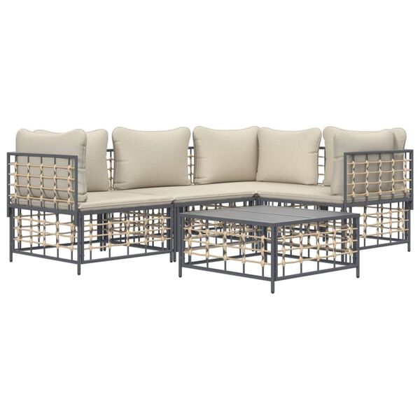 vidaXL 5 Piece Garden Lounge Set with Cushions Anthracite Poly Rattan