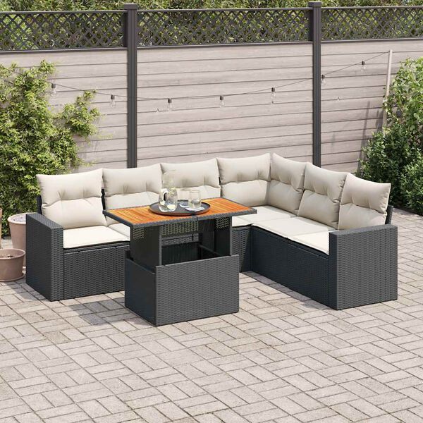 vidaXL 7 Piece Garden Sofa Set with Cushions Black Poly Rattan