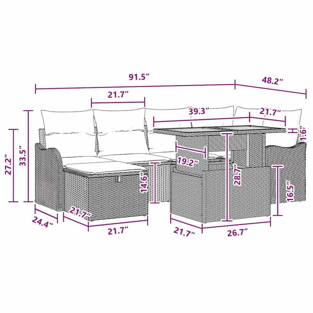 vidaXL Garden Sofa Set Height-Adjustable 7 pcs Black Poly Rattan