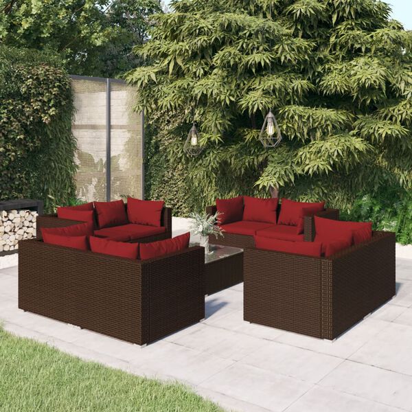 vidaXL 9 Piece Garden Lounge Set with Cushions Poly Rattan Brown