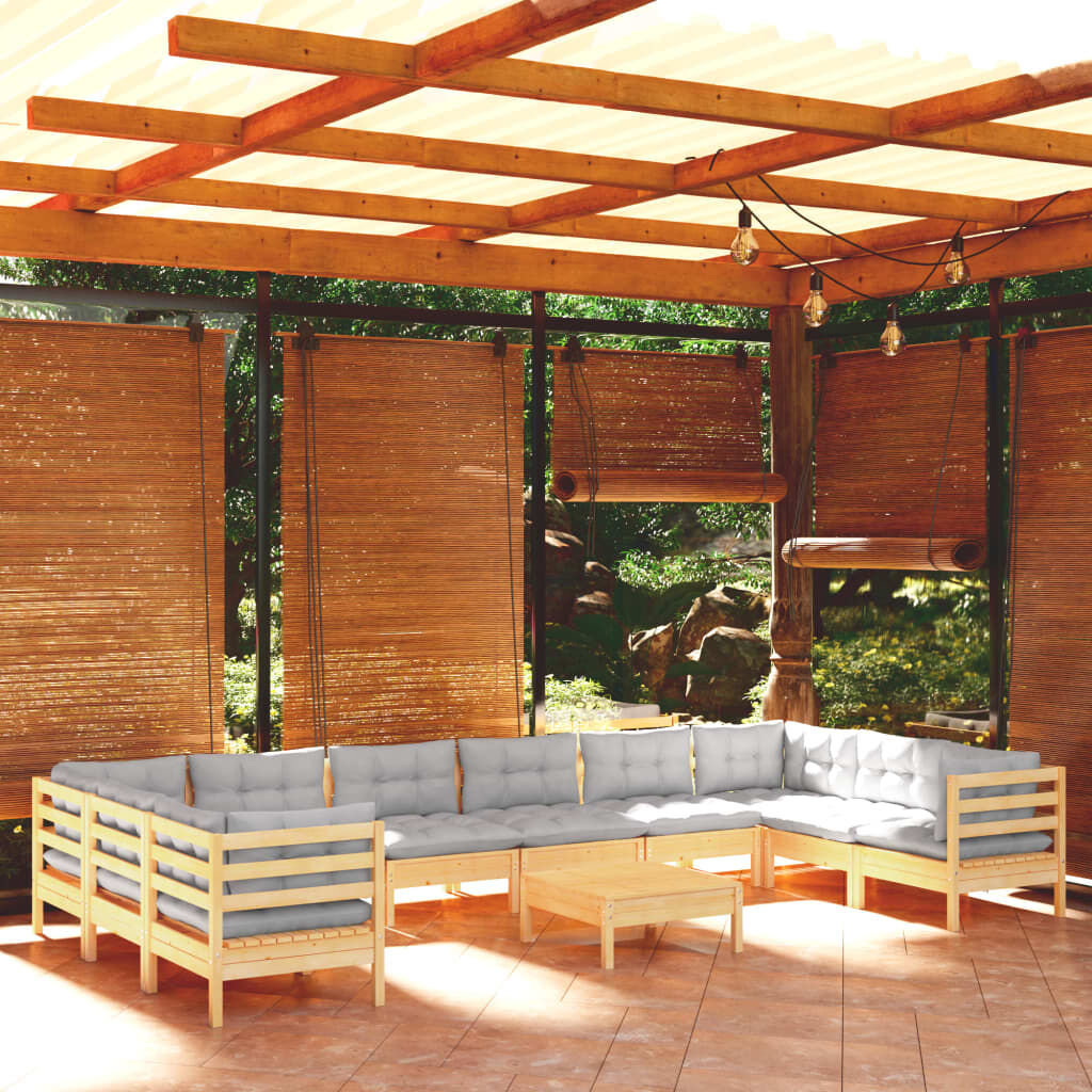 vidaXL 11 Piece Garden Lounge Set with Grey Cushions Pinewood