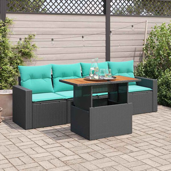 vidaXL 5 Piece Garden Sofa Set with Cushions Black Poly Rattan