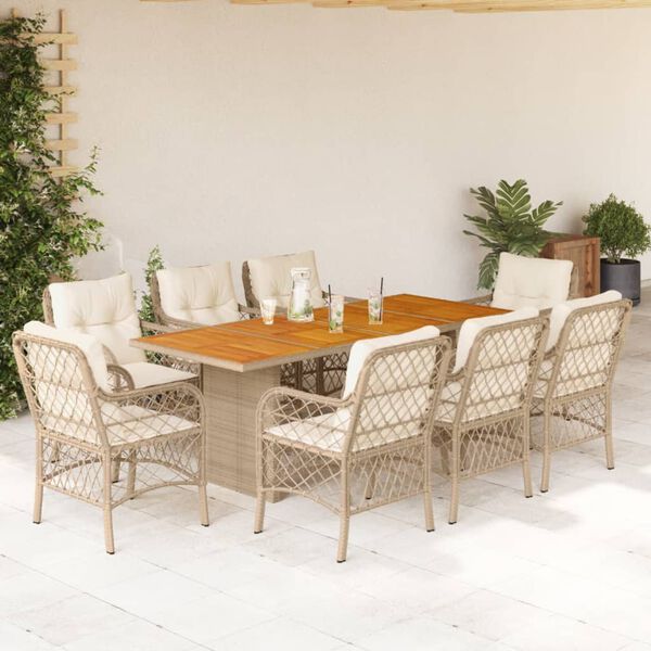 vidaXL 9 Piece Garden Dining Set with Cushions Beige Poly Rattan