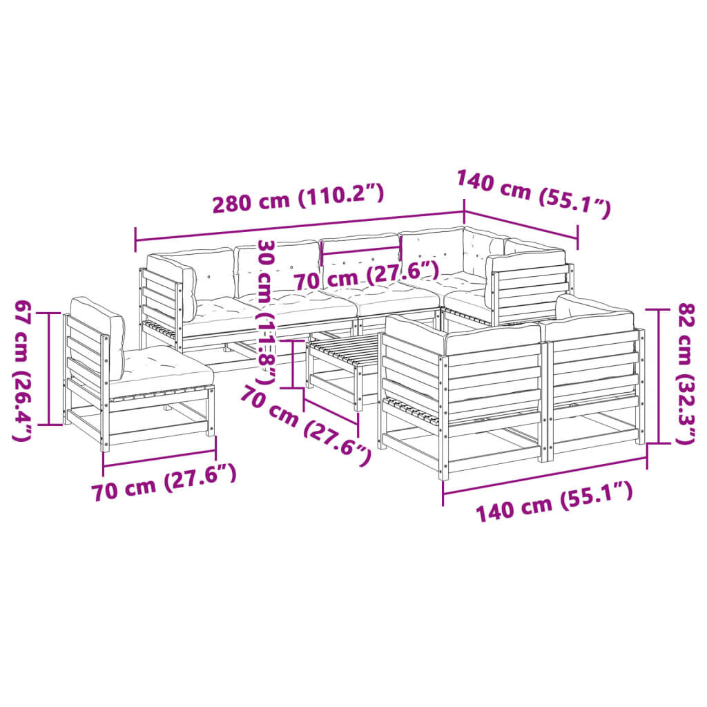 vidaXL 9 Piece Garden Sofa Set with Cushions Wax Brown Solid Wood Pine