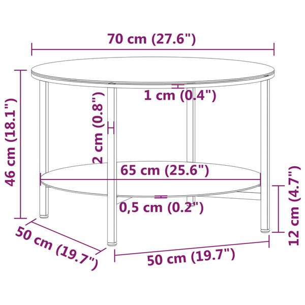 vidaXL Tea Table Black and Transparent 70 cm Tempered Glass