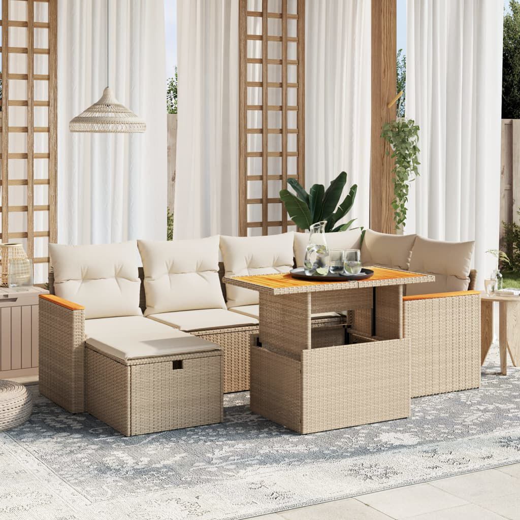 vidaXL 7 Piece Garden Sofa Set with Cushions Beige Poly Rattan
