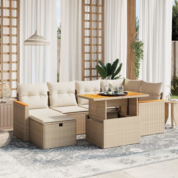 vidaXL 7 Piece Garden Sofa Set with Cushions Beige Poly Rattan