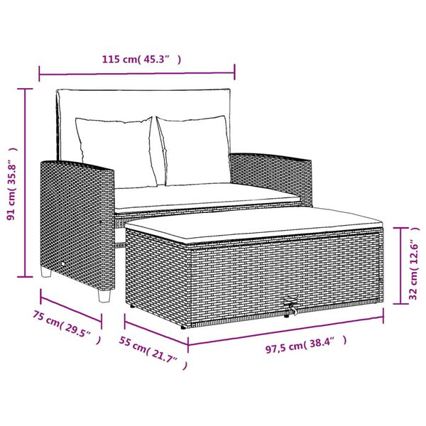 vidaXL Garden Sofa with Cushions 2-Seater Black Poly Rattan