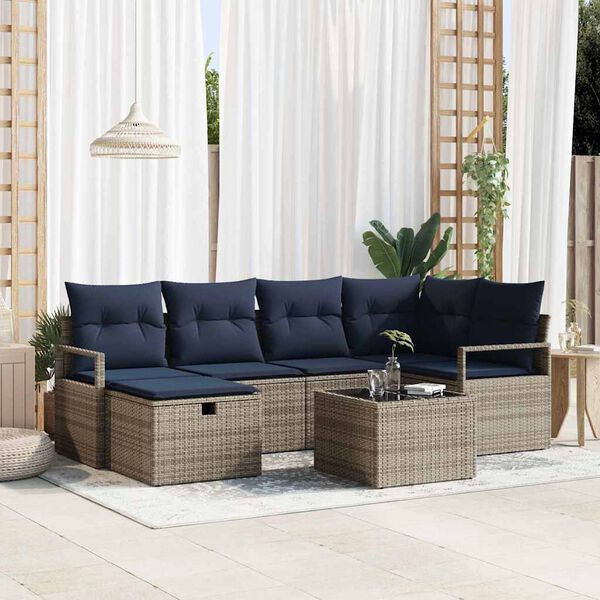 vidaXL Sofa Set with Cushion with Storage Grey and Navy Poly Rattan
