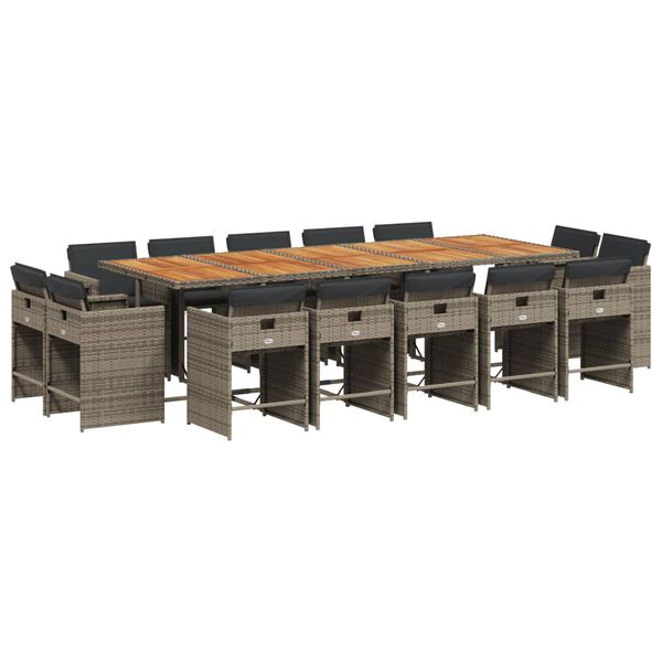 vidaXL 15 Piece Garden Dining Set with Cushions Grey Poly Rattan