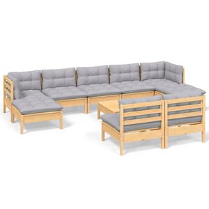 vidaXL 10 Piece Garden Lounge Set with Grey Cushions Pinewood