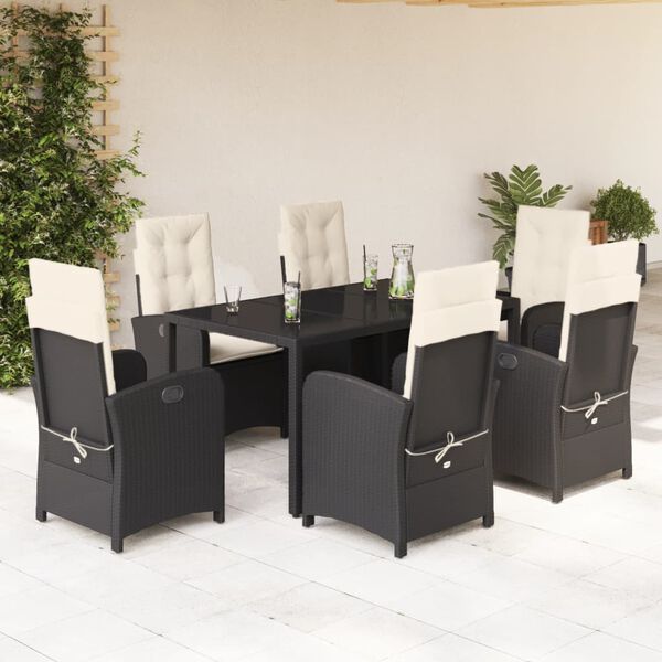 vidaXL 7 Piece Garden Dining Set with Cushions Black Poly Rattan