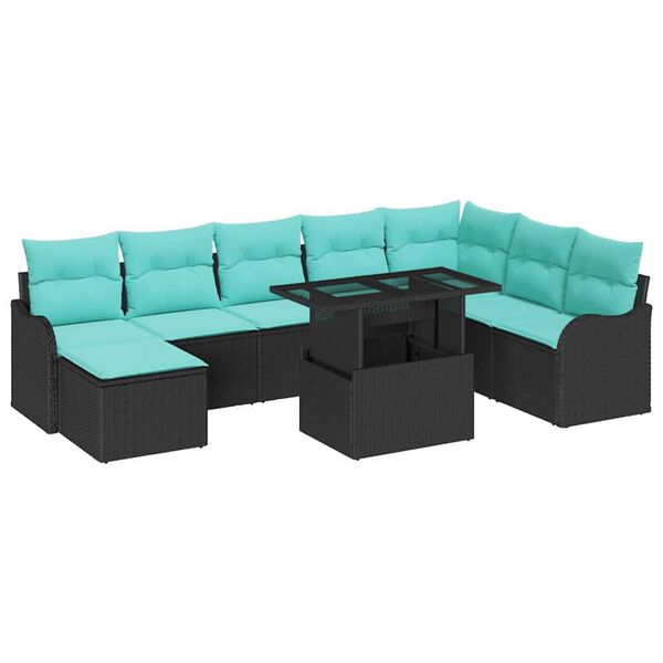 vidaXL Garden Sofa Set with Cushion 9 pcs Black Poly rattan